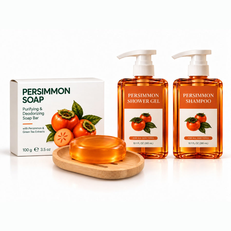 The Full Ritual Bundle: persimmon soap with bamboo dish, shower gel and shampoo