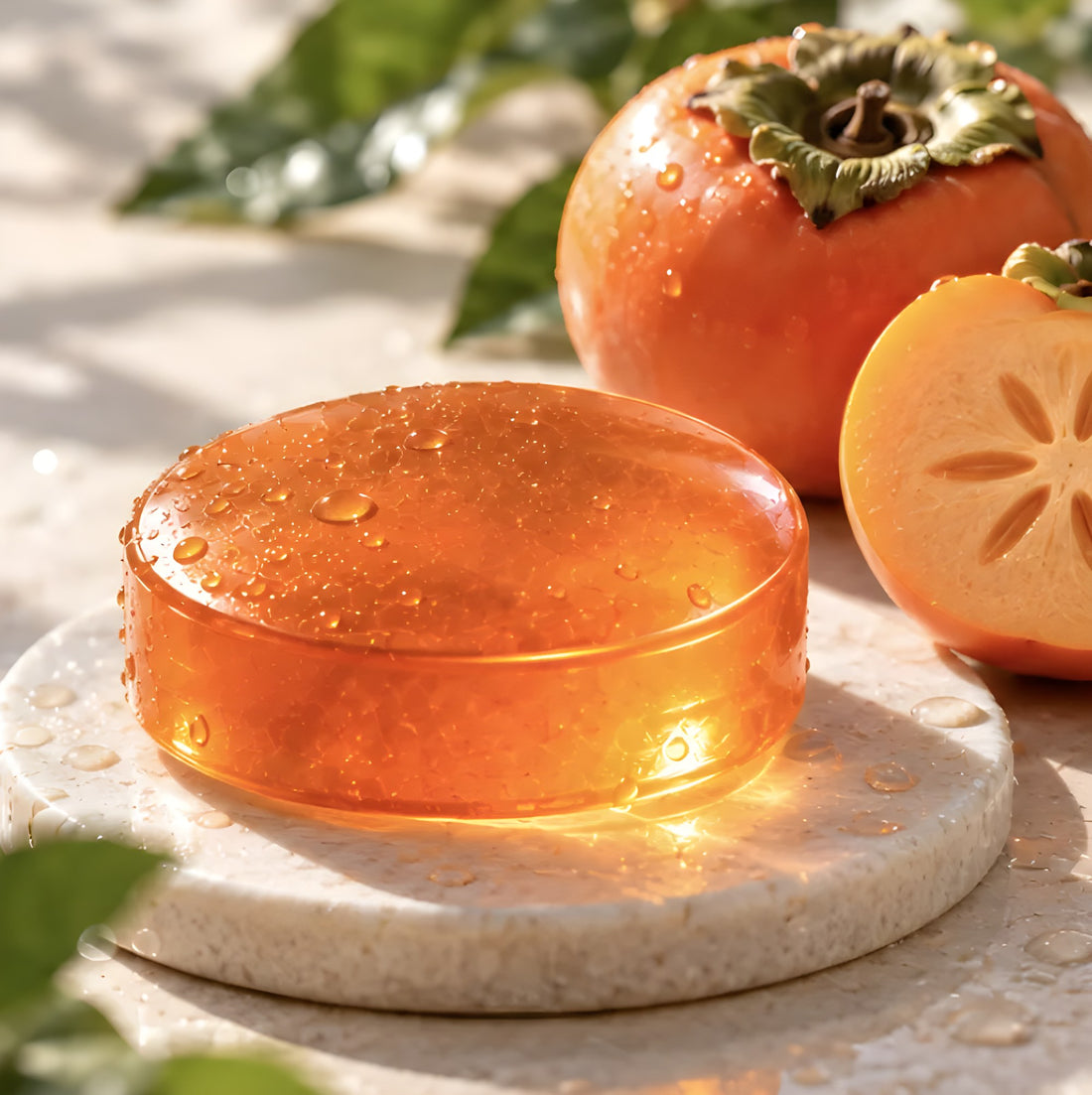 Persimmon soap bar beside a sliced persimmon