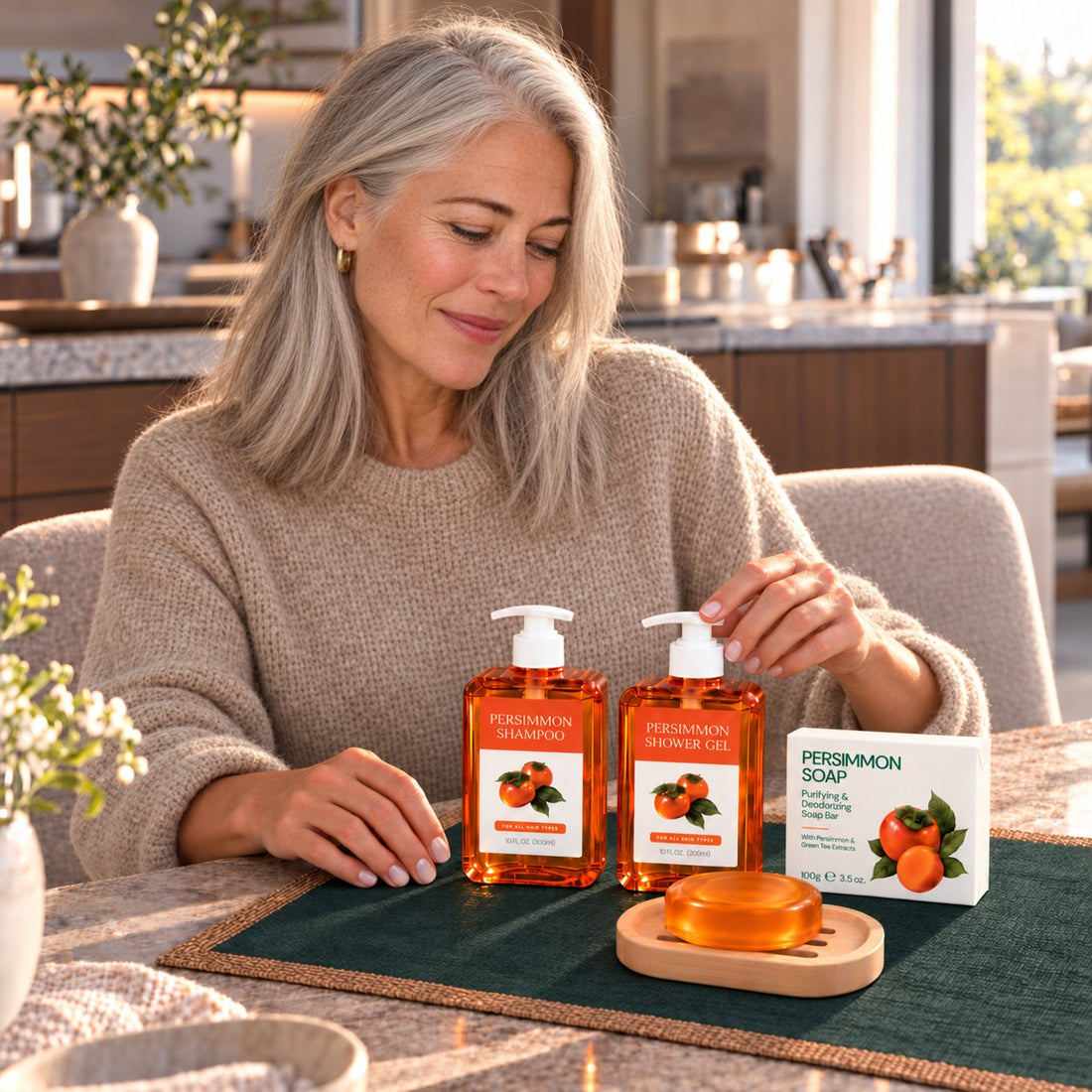 Woman at a table with OVASI Persimmon Shampoo, Body Wash and Body Bar