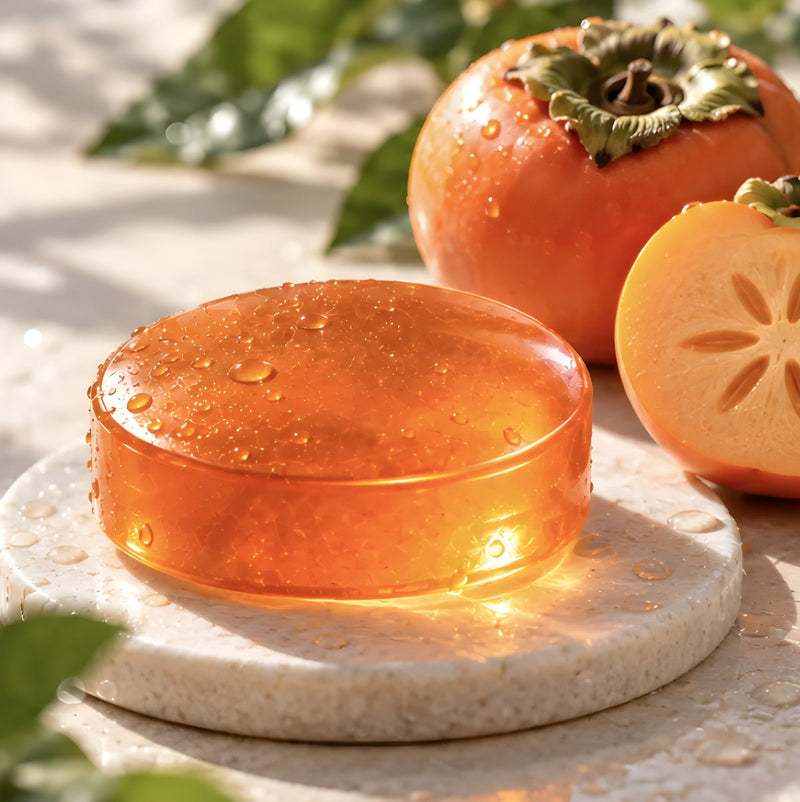 Persimmon soap bar beside a sliced persimmon
