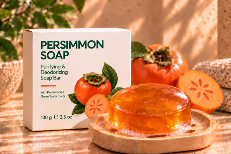 Persimmon soap bar resting on a bamboo soap dish