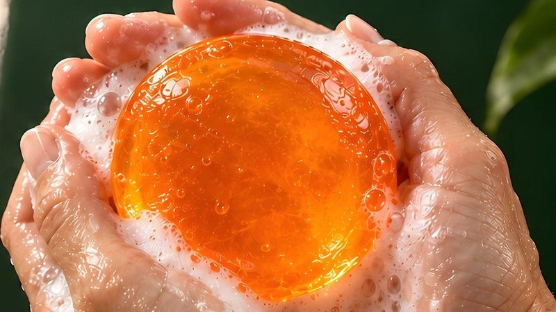 Hands working a persimmon soap bar into a soft lather