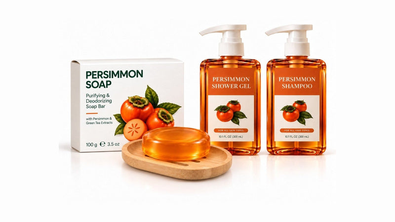 OVASI persimmon soap bar on a bamboo dish beside the persimmon shower gel and shampoo