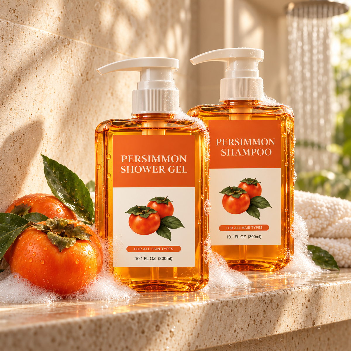 OVASI Persimmon Shower Gel and Shampoo on a shower ledge with persimmons
