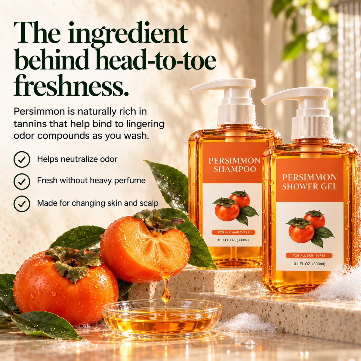 The ingredient behind head-to-toe freshness. Persimmon is naturally rich in tannins that help bind to lingering odor compounds as you wash. Helps neutralize odor. Fresh without heavy perfume. Made for changing skin and scalp.