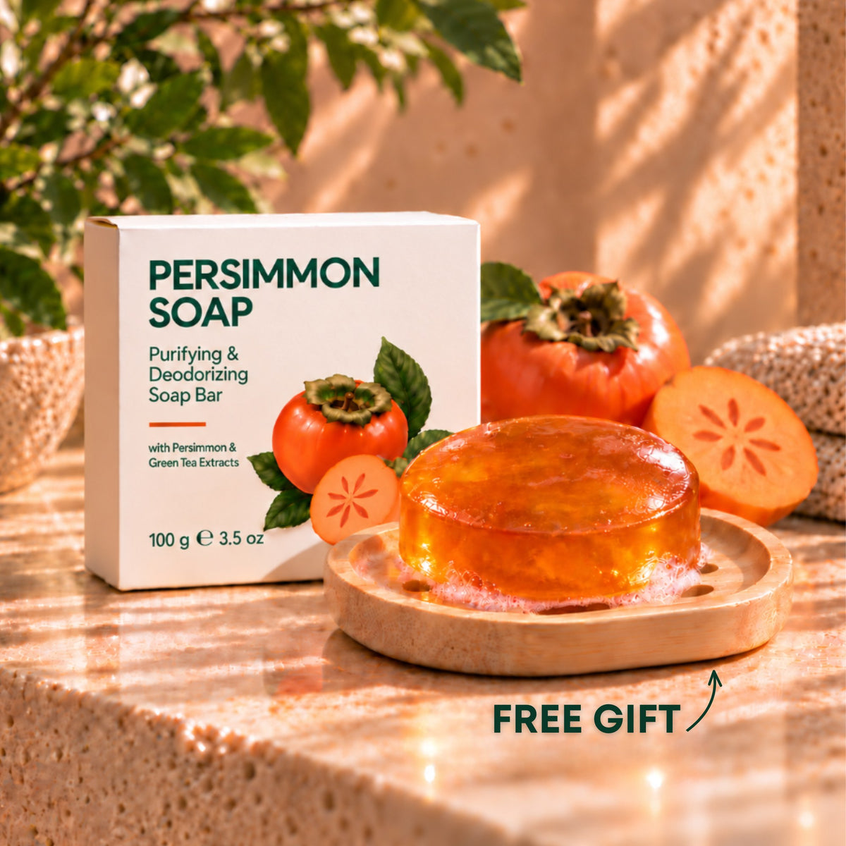 OVASI Persimmon Soap box and bar on a bamboo soap dish, free gift