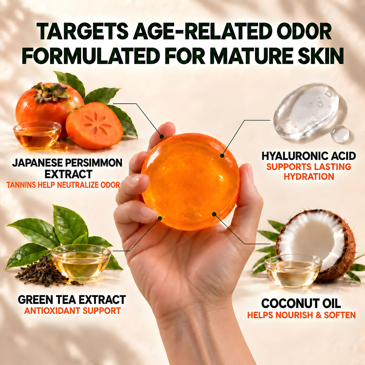 Key ingredients: Japanese persimmon extract, green tea extract, hyaluronic acid and coconut oil