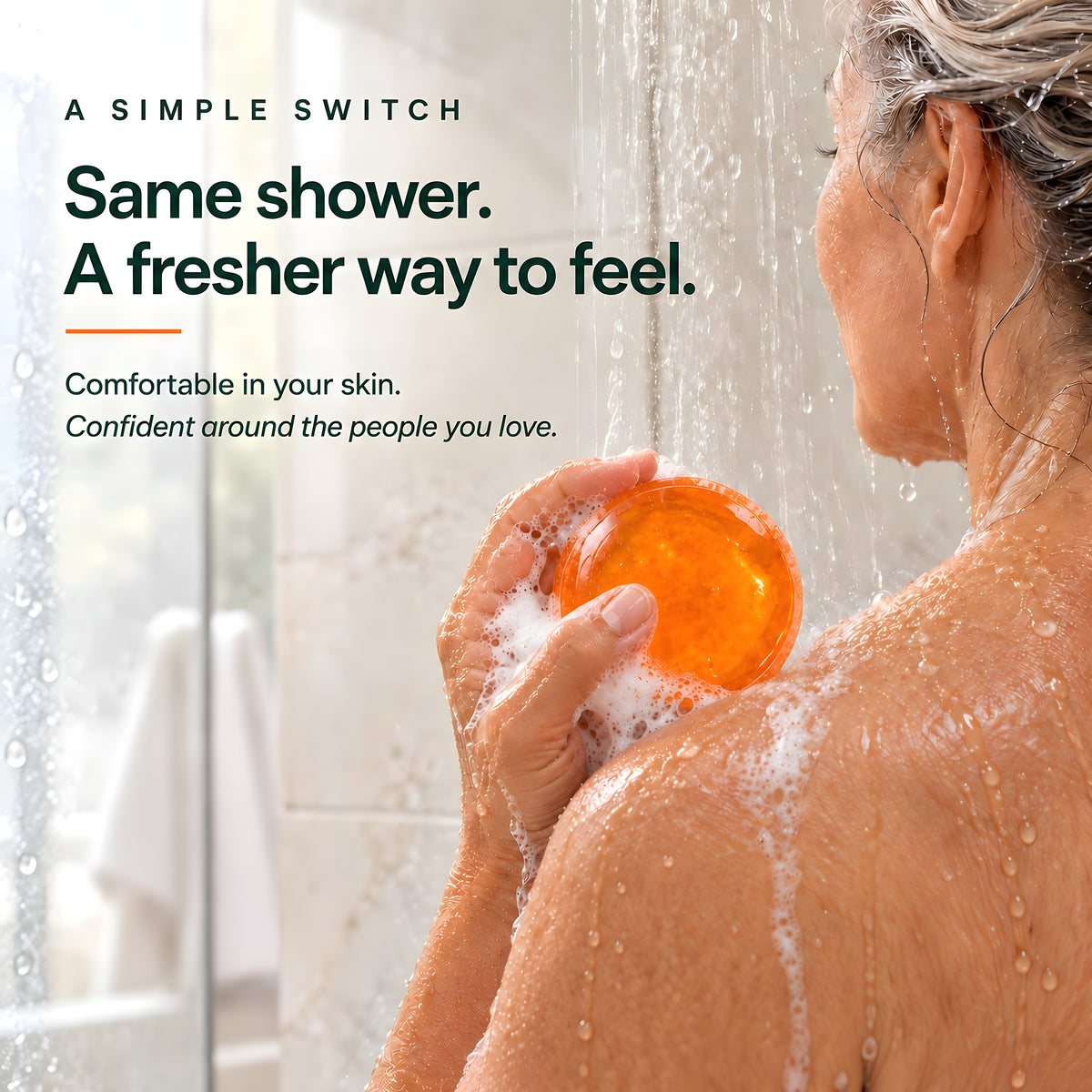 Woman washing with the OVASI persimmon soap bar in the shower