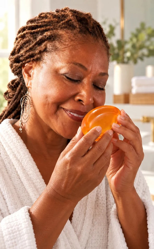Louise, 61, smelling OVASI persimmon soap