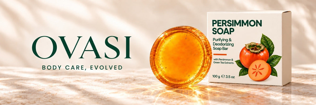 OVASI. Body care, evolved. Persimmon soap bar and box