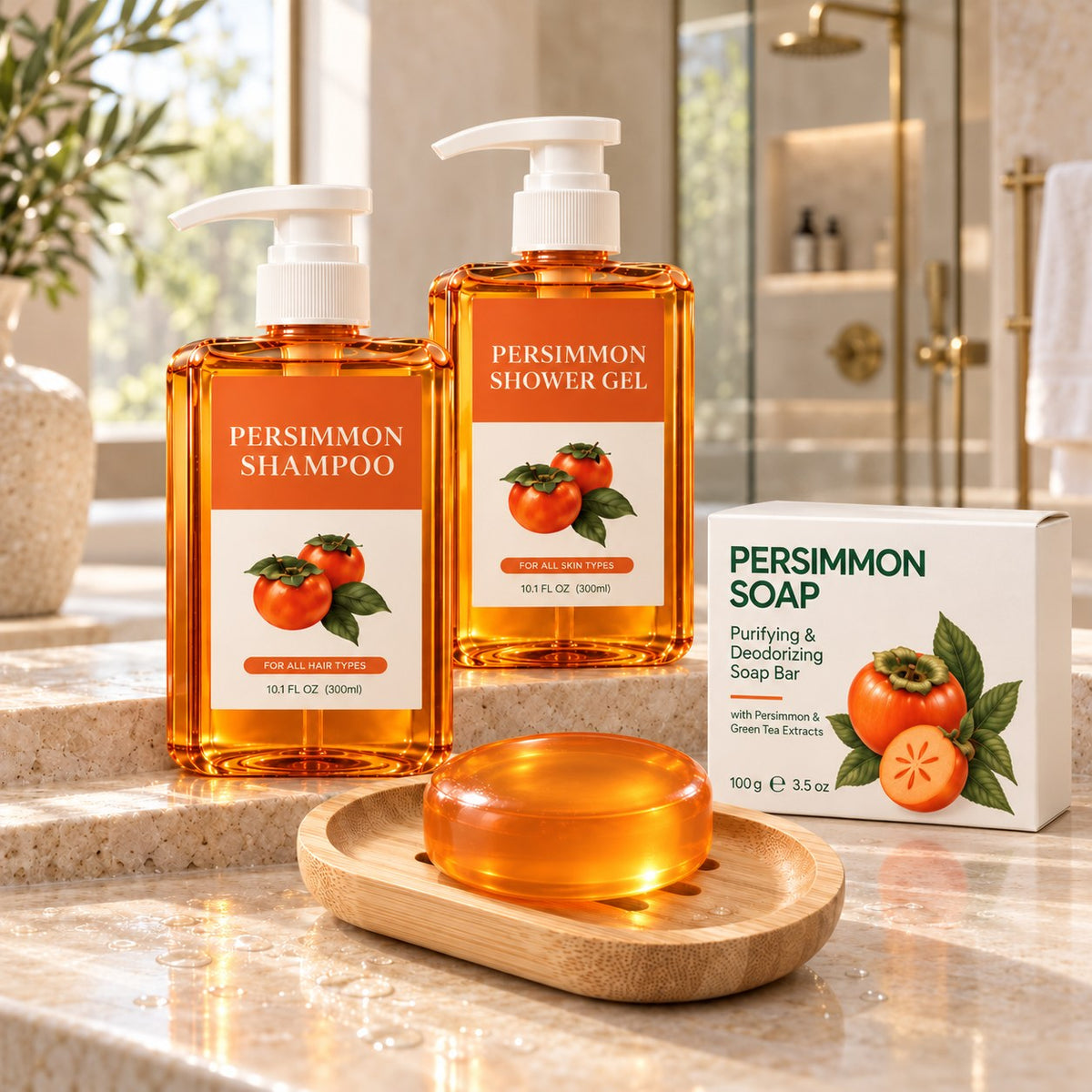 OVASI Persimmon Shampoo, Body Wash and Body Bar on a bathroom counter