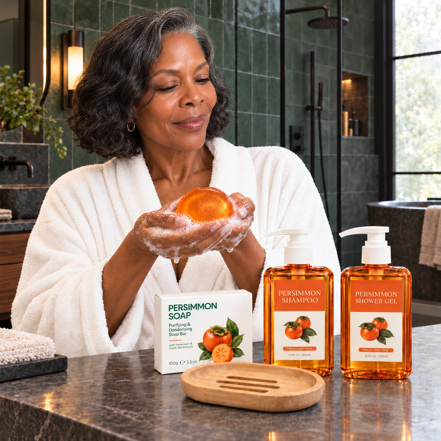 Woman in a bathrobe lathering the OVASI Persimmon Body Bar beside the Shampoo and Body Wash